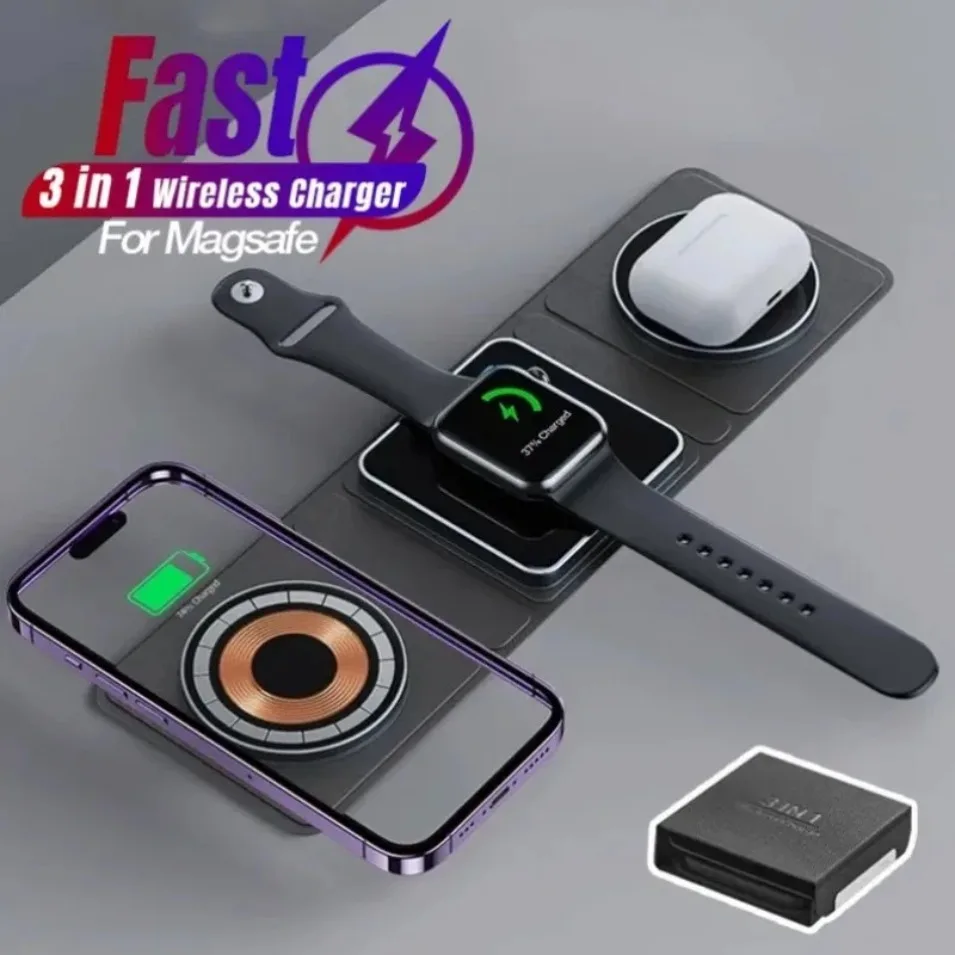 Foldable 3 In 1 Wireless Charger Pad Fast Charging Dock For iPhone Apple Watch AirPods Pro Portable Travel Home Office Daily Use