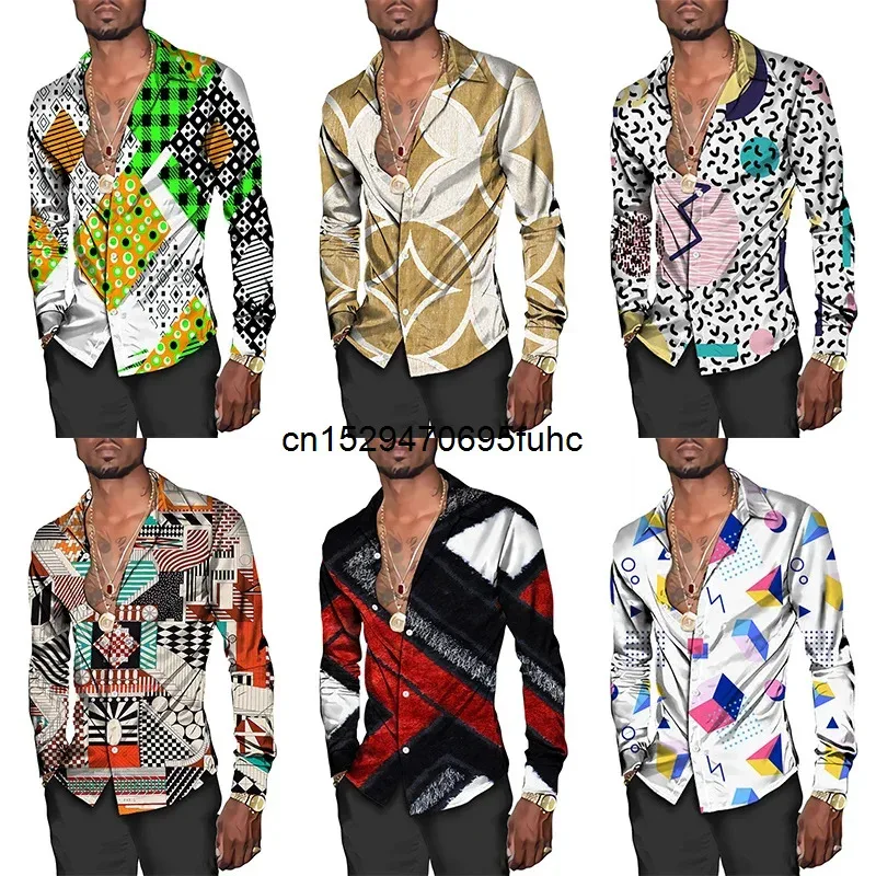 lili 123New Stylish Men Shirts Geometry 3D Print Lapel Single-Breasted Short/Long Sleeve Tops Hip Hop Fashion Hawaii Streetwear