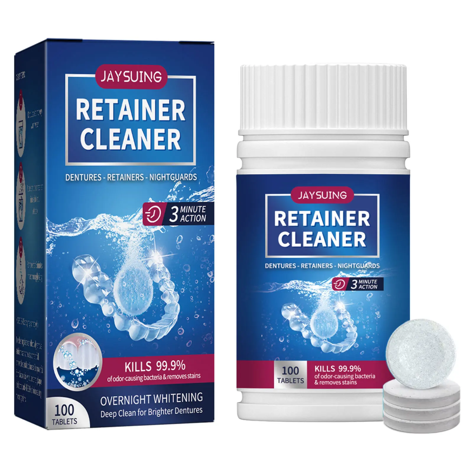 

100pcs Retainer Cleaner Tablets Removes Stains Discoloration Odors & Plaque for Clear Aligners Mouth & Night Guard