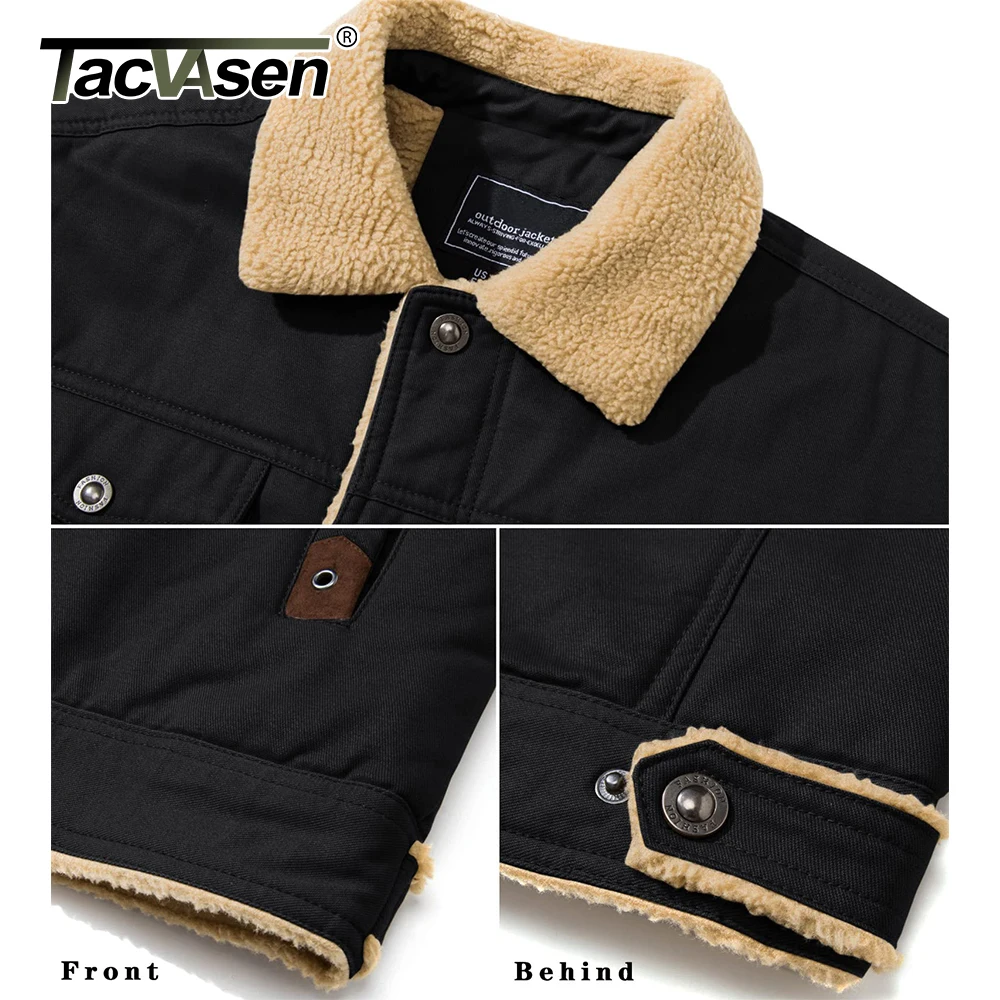 TACVASEN Men\'s Winter Sherpa Fleece Lined Jacket Turn-down Collar Working Cargo Trucker Jacket Multi-pockets Soft Warm Coat