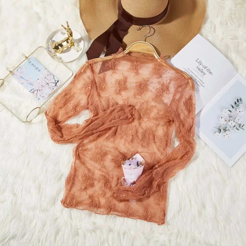 Fashion Floral Embroidery Women Lace Blouses See-through Transparent Ladies Tops Long Sleeve Black Shirt Sexy Mesh Blouses
