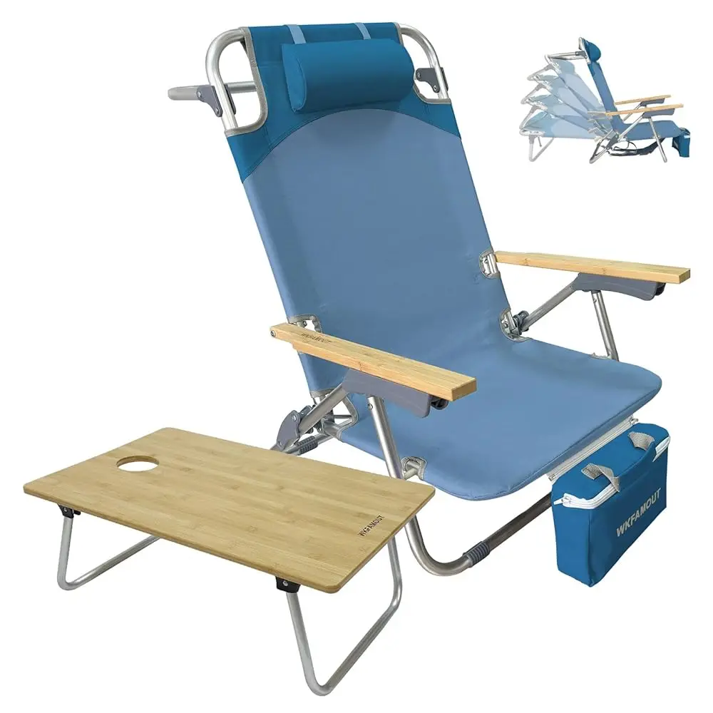 

Folding Backpa Beach Chair Aluminum 5-Position With Samll Camping Table Bamboo Lay Flat Lounge Chair Outdoor For Adults With