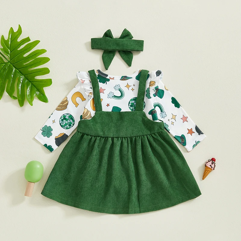 St Patrick s Day Baby Girls Outfit Set with Shamrock Print Romper Suspender Skirt and Matching Headband for Irish Celebration