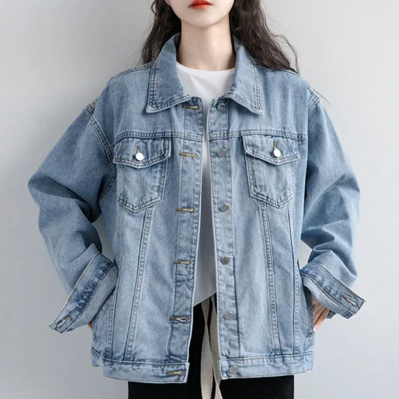 เสื้อแจ็คเก็ตสตรีวินเทจ 2024 ฤดูใบไม้ร่วงฤดูหนาวOversize Denimแจ็คเก็ตล้างกางเกงยีนส์สีฟ้าเสื้อTurn-Down Collar Outwearเสื้อแจ็คเก็ตเครื่องบินทิ้งระเบิด