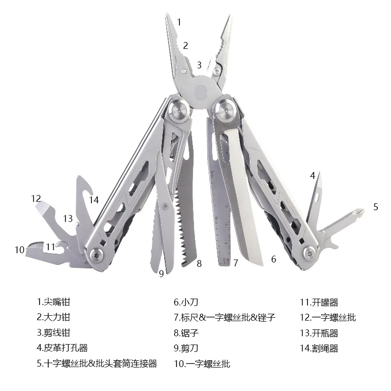 16-in-1 Multitool-Zange, faltbar, aus Edelstahl, Taschen-EDC-Überlebenswerkzeug-Set, tragbare Camping- und Wander-Ausrüstung für den Außenbereich – Detail 6