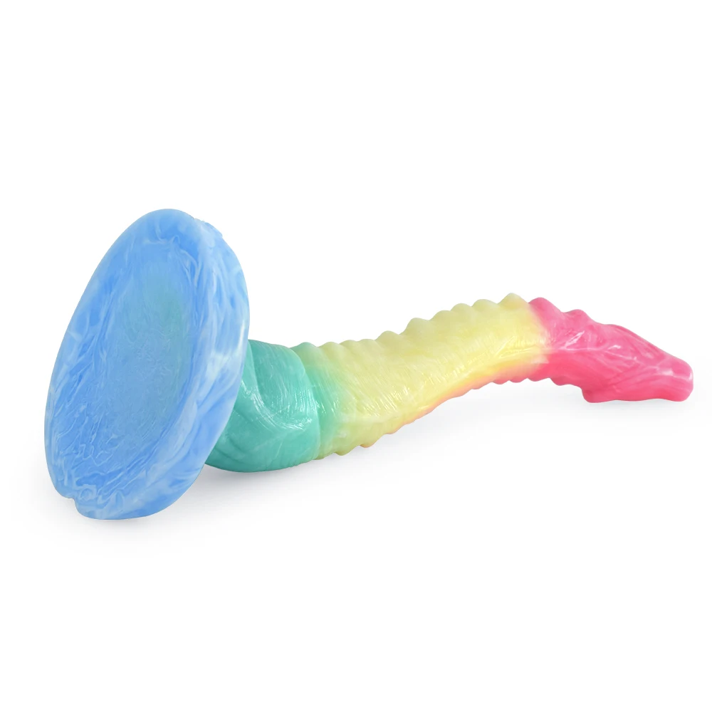 FAAK Curved Colorful Dildo Animal Snake Penis With Sucker G-spot Stimulate Soft Silicone Sex Toy Flexible Vagina Anal Masturbate