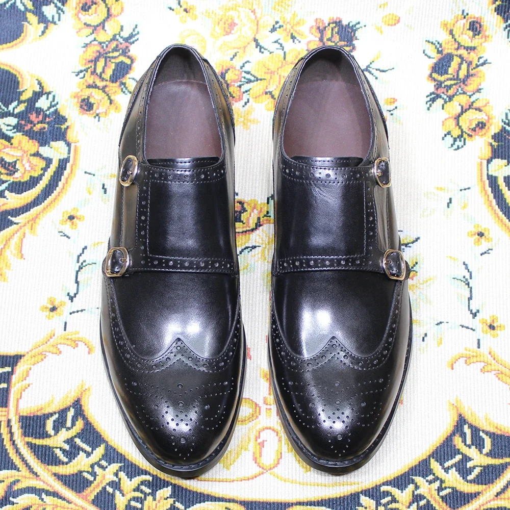 Men's Genuine Leather Double Buckle Monk Strap Dress Shoes Wingtip Toe Loafers Brogue for Wedding Office Business Footwear