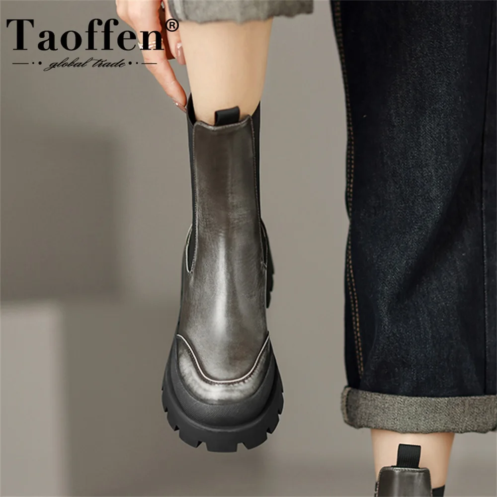 Taoffen Genuine Leather Women Chelsea Boots Slip-On 2024 New Retro Old Color Waterproof Chunky Heels Platform Booties