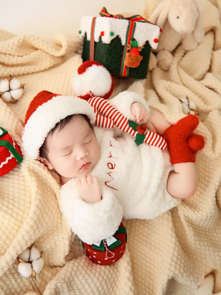 المهنية الطفل عيد الميلاد موضوع التصوير الدعائم مجموعة سانتا الزي + قبعة قصب الحلوى هدية صغيرة صندوق ديكور لالتقاط الاستوديو الوليد #5