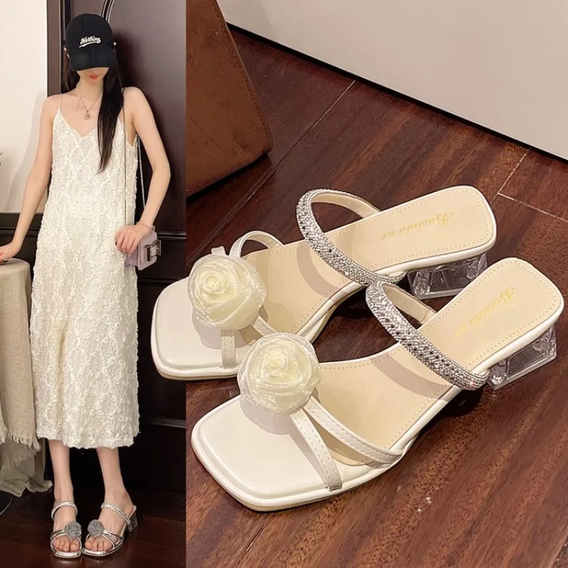 

Women Shoes 2025 New Summer Fashion Flowers Beige Dress Party Wedding Female Sandals Shoes Pumps Sandals Open-toed Sexy Low Heel