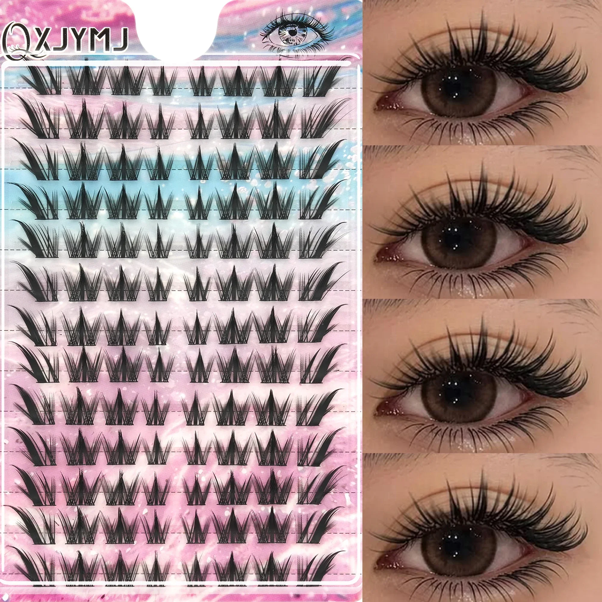 12 Rows Wet Look Fox Eye Individual Cluster False Eyelashes Wispy Spiky D-Curl DIY Segmented Eyelashes for Eye Makeup