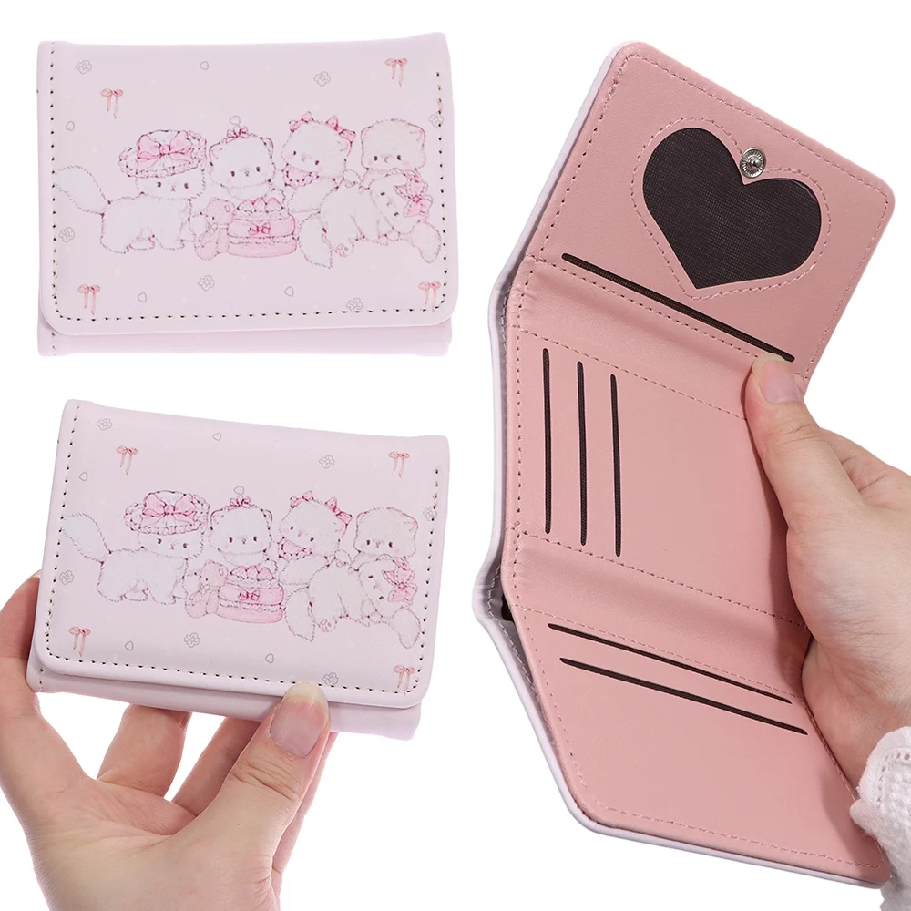 Fashion Kawaii Cat Print Short Wallet Foldable Multipurpose Money Bag PU Leather Pink Credit Card Holder Women Girl Travel