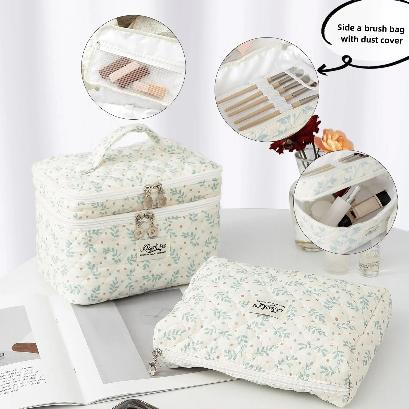 Large Capacity Handheld Floral Cosmetic Bag Casual Lady Portable Stitched Flower Ins Travel Bag For Organizing Make-Up