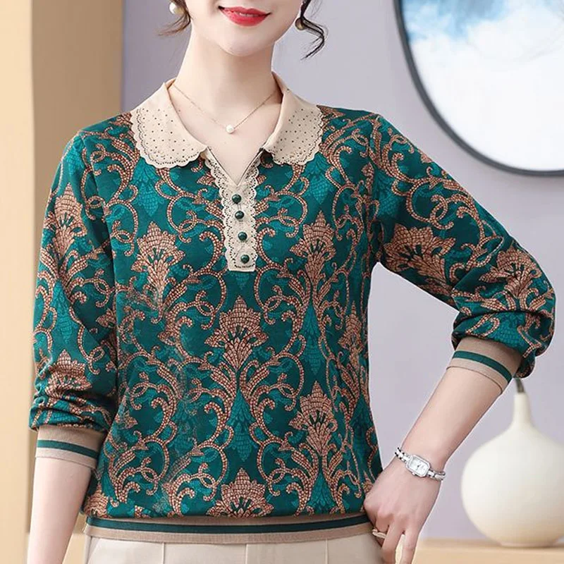 Spring Autumn New POLO Collar Fashion Long Sleeve Blouse Women High Street Loose Printing Pullovers Button Patchwork Elegant Top
