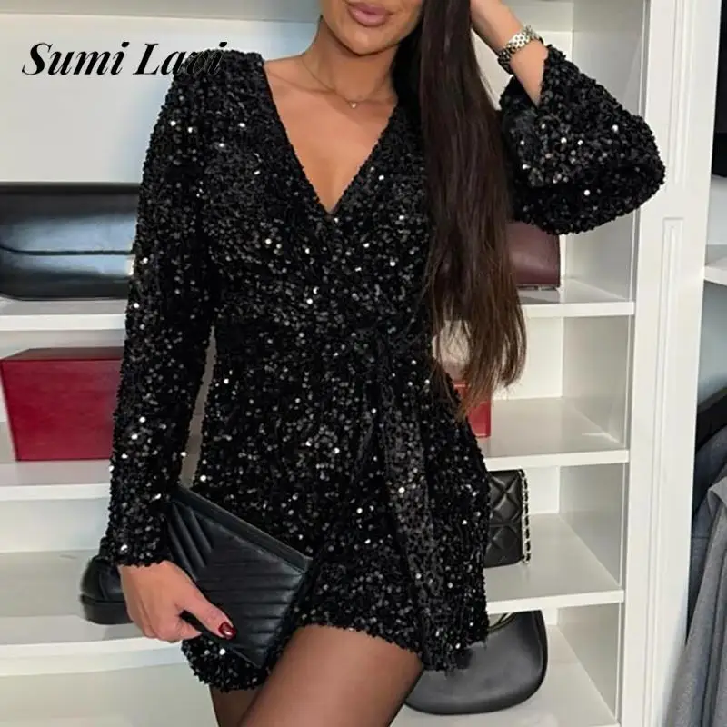 Women Elegant Shiny Sequin Tie-up Waist Short Romper Office Fashion Temperament Playsuits Sexy V-neck Long Sleeve Short Jumpsuit