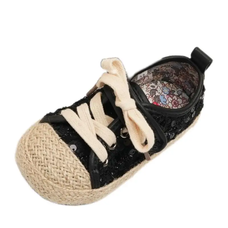 2025 New Children Canvas Sneakers With Bling Sequined Cloth Black Silver Beige Toddler Girls Sport Shoes With Weaving Shoes Edge