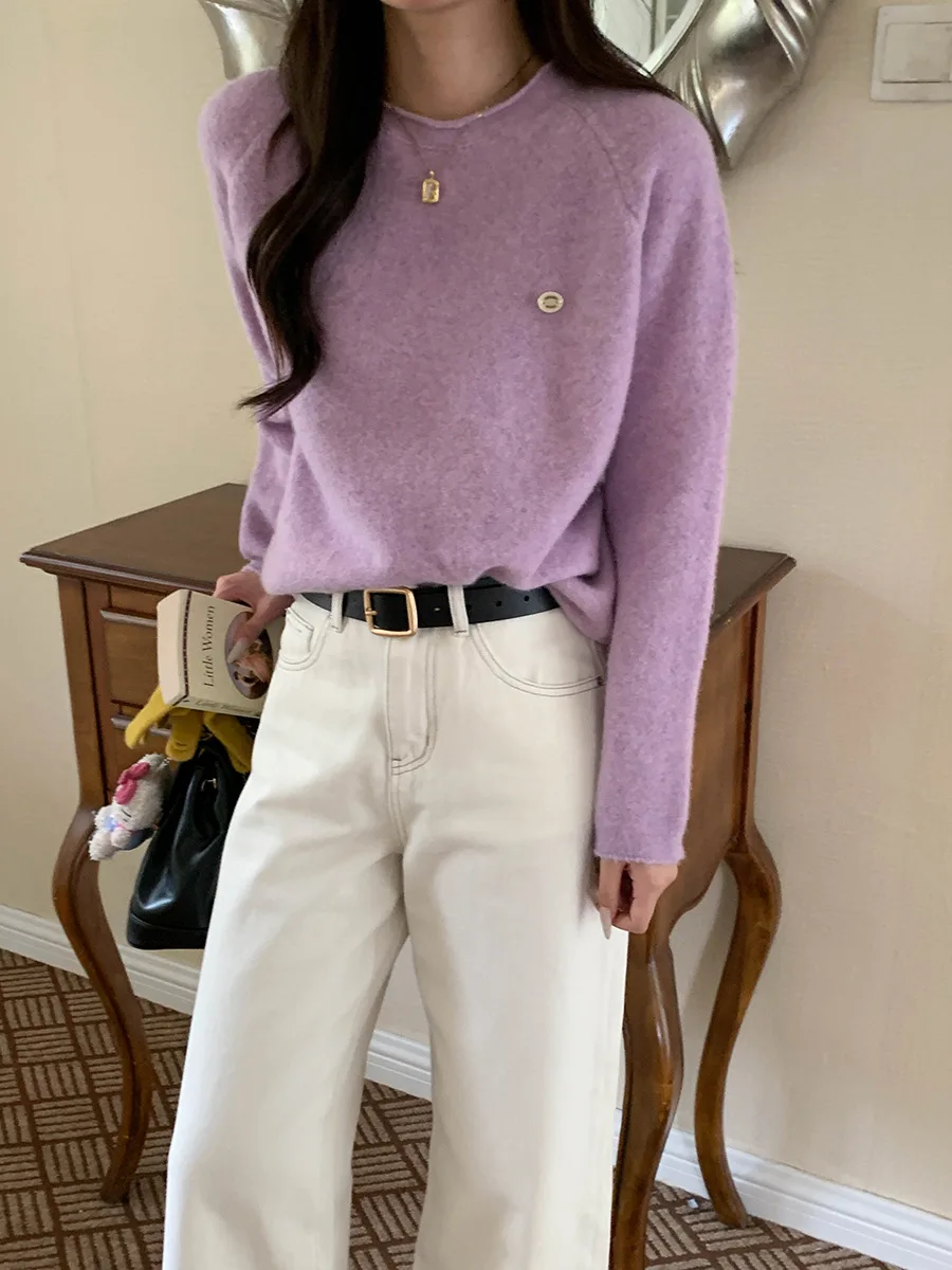 เสื้อสเวตเตอร์ถักแขนยาวลำลองสำหรับผู้หญิง ฤดูใบไม้ร่วง 2025 รุ่นใหม่ ขอบพับ แขนยาว แบบสวม