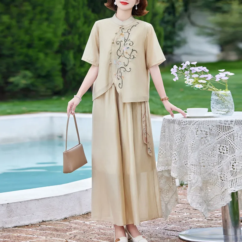 

New Chinese Style Women's Sets 2026 Summer New Fashion Casual Cotton Linen Top Wide-leg Pants Two-piece Suits Mother Outfits 5XL
