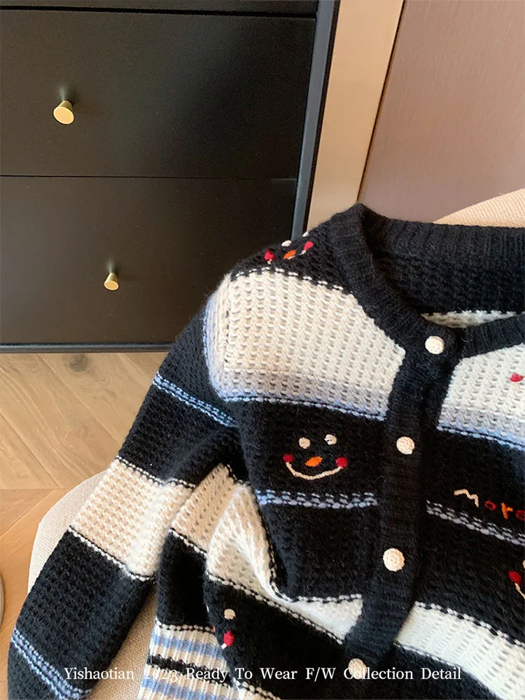 2000s Aesthetic Striped Knitted Cardigan Office Lady Korean Fashion Long Sleeve Casual Sweater Smiling Face Embroidery Jumper