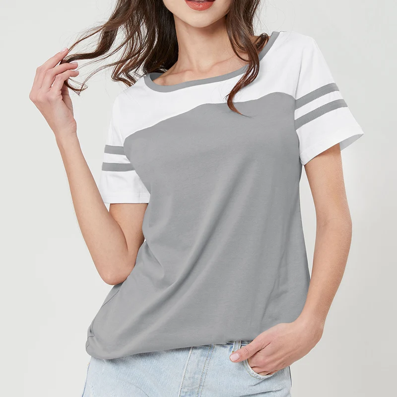 

Women's round neck striped splicing summer short-sleeved T-shirt shirt casual Korean Harajuku fashion elegant tops