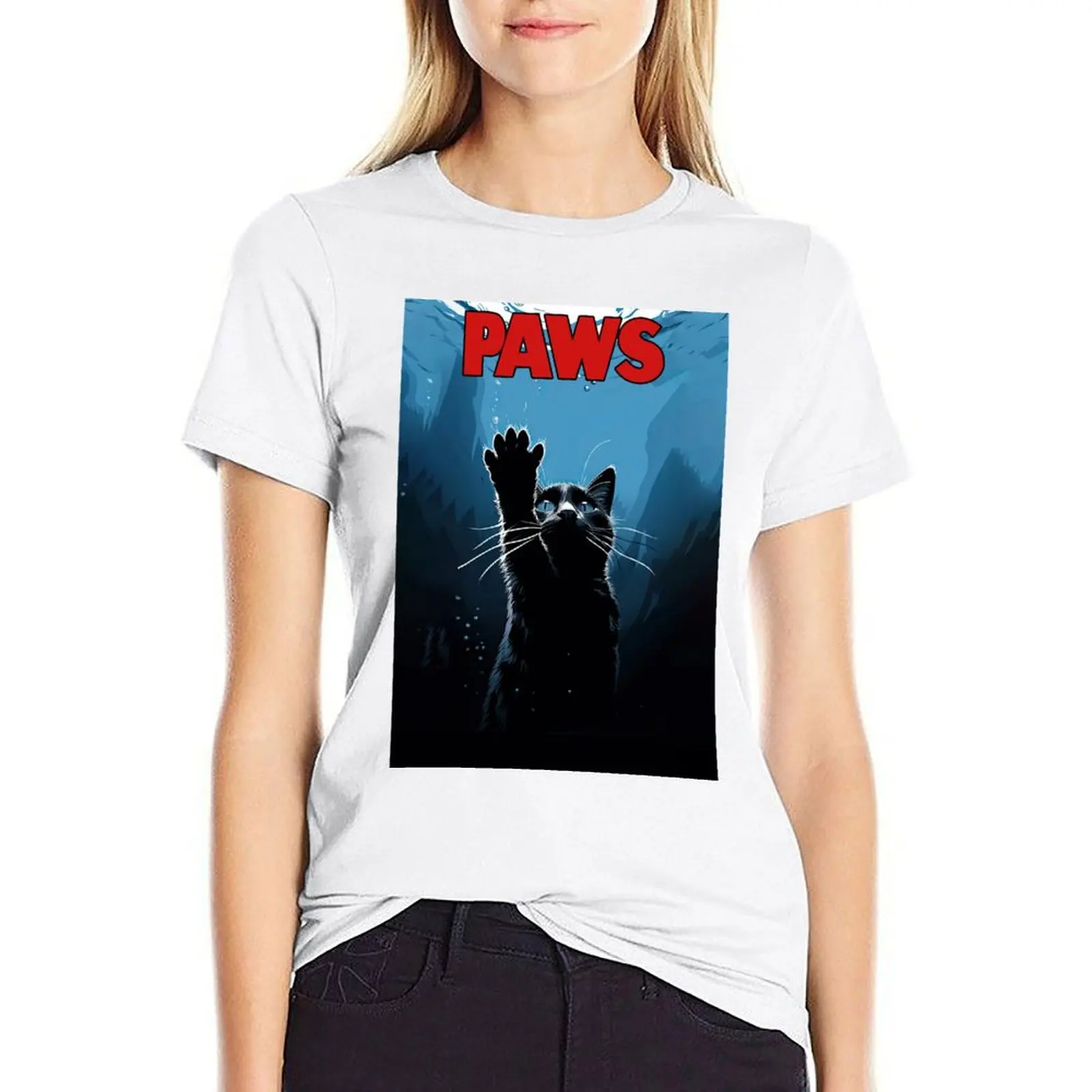 

Paws - Funny Black Cat Movie Poster - Jaws - Cute Cat T-shirt plus size tops oversized summer top plain t shirts for Women