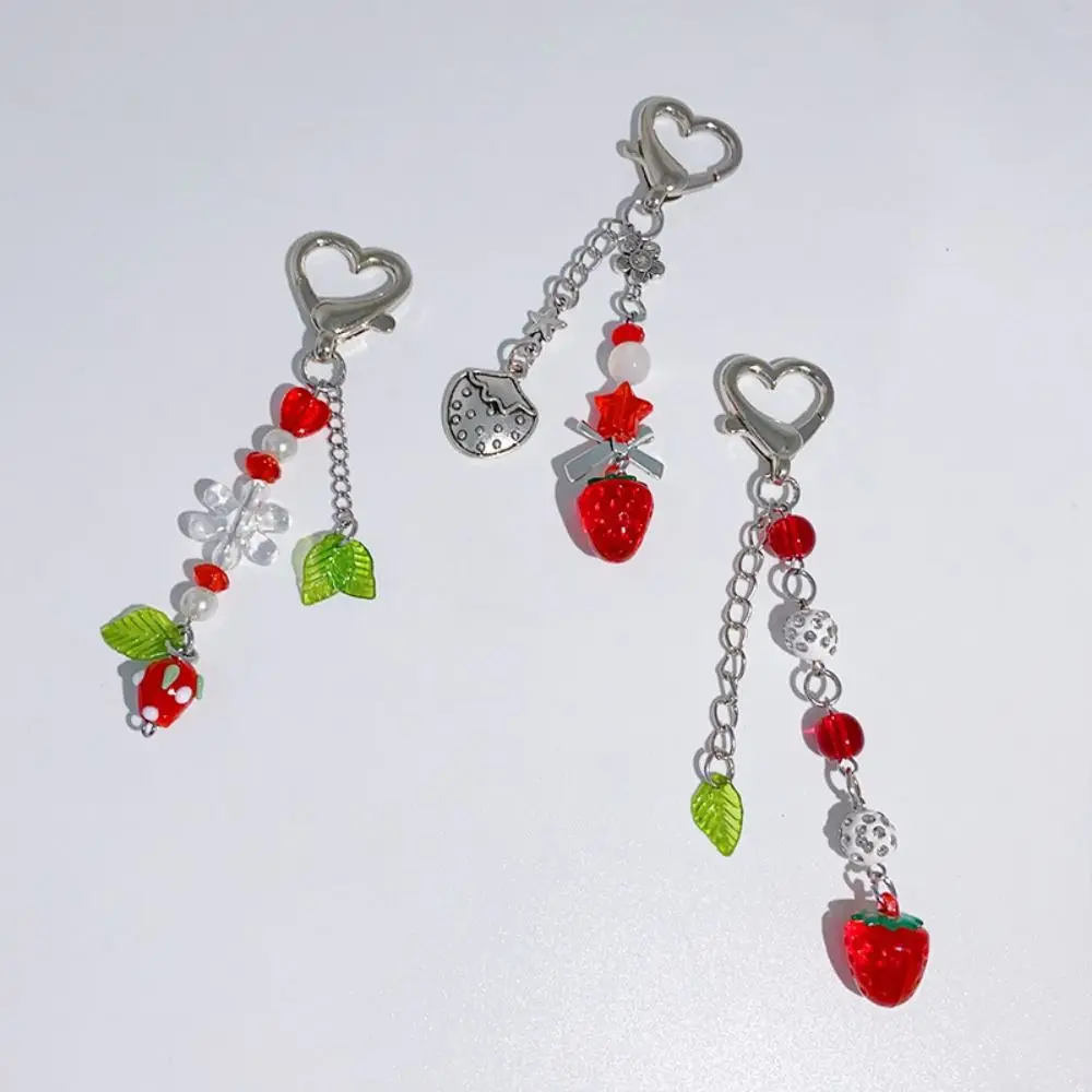 Handmade Beads Strawberry Keychain Heart Flower Bow Bag Pendant Strawberry Keyring Hanging Decoration Beads Phone Chain Girls