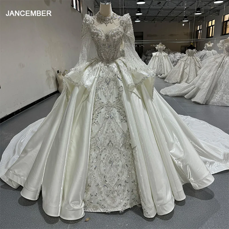 Jancember Simple Charming Wedding Dresses Beading O-Neck Satin Bridal Gowns Ruffles Long Sleeves Vintage Vestidos De Novia 2024