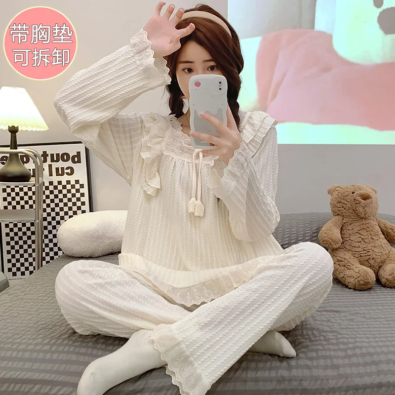 Women Princess Lace Solid Pajamas Suit Long Sleeved Two Pieces Sleepwear With Lingerie Sweet Cute Home wear Set