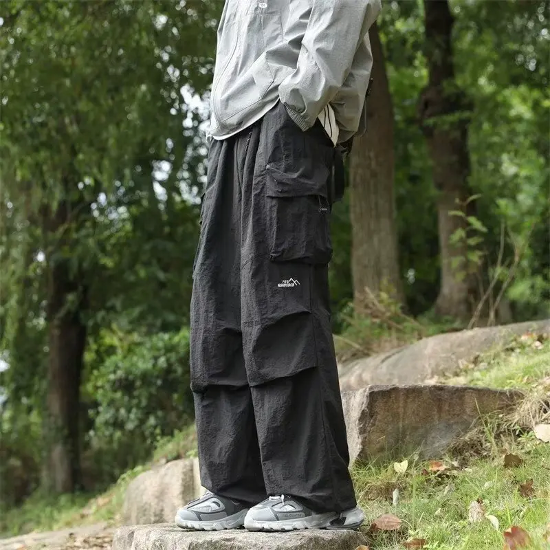 

Men's Spring and Autumn Solid Color Retro Loose Waterproof Hip Hop Mountaineering Pants Casual Harajuku Work Pants Black Cargo