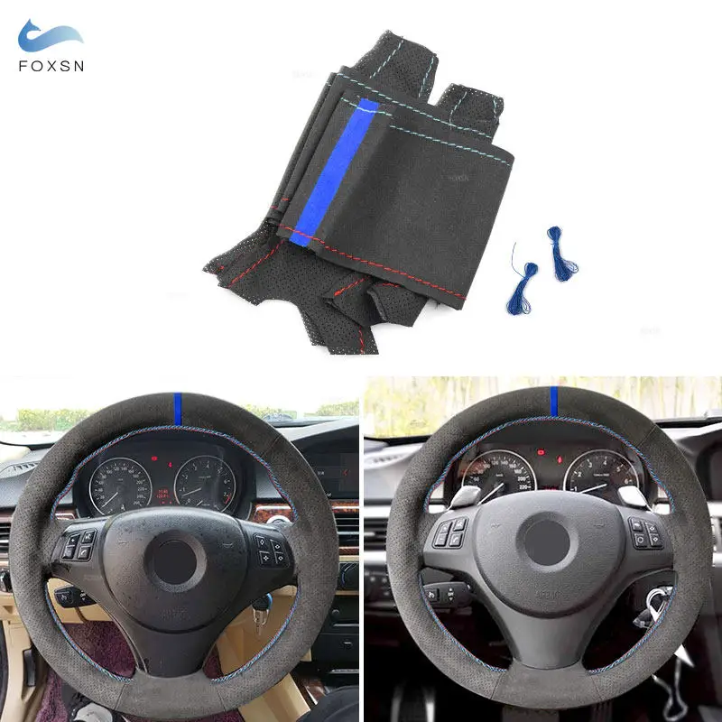 Suede Perforated Leather Hand Stitched Steering Wheel Cover Red Blue Line With Blue Strip For BMW M Sport E82 E87 E90 X1 E84