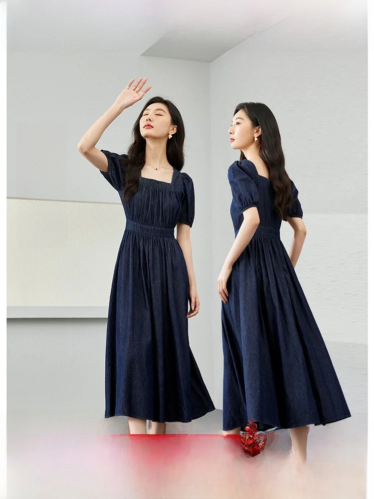 

Retro Denim A-Line Long Dr Women Summer New Sle Slimming Waist Ele Faionable Cotton Bubble Sve Square Ne Casual