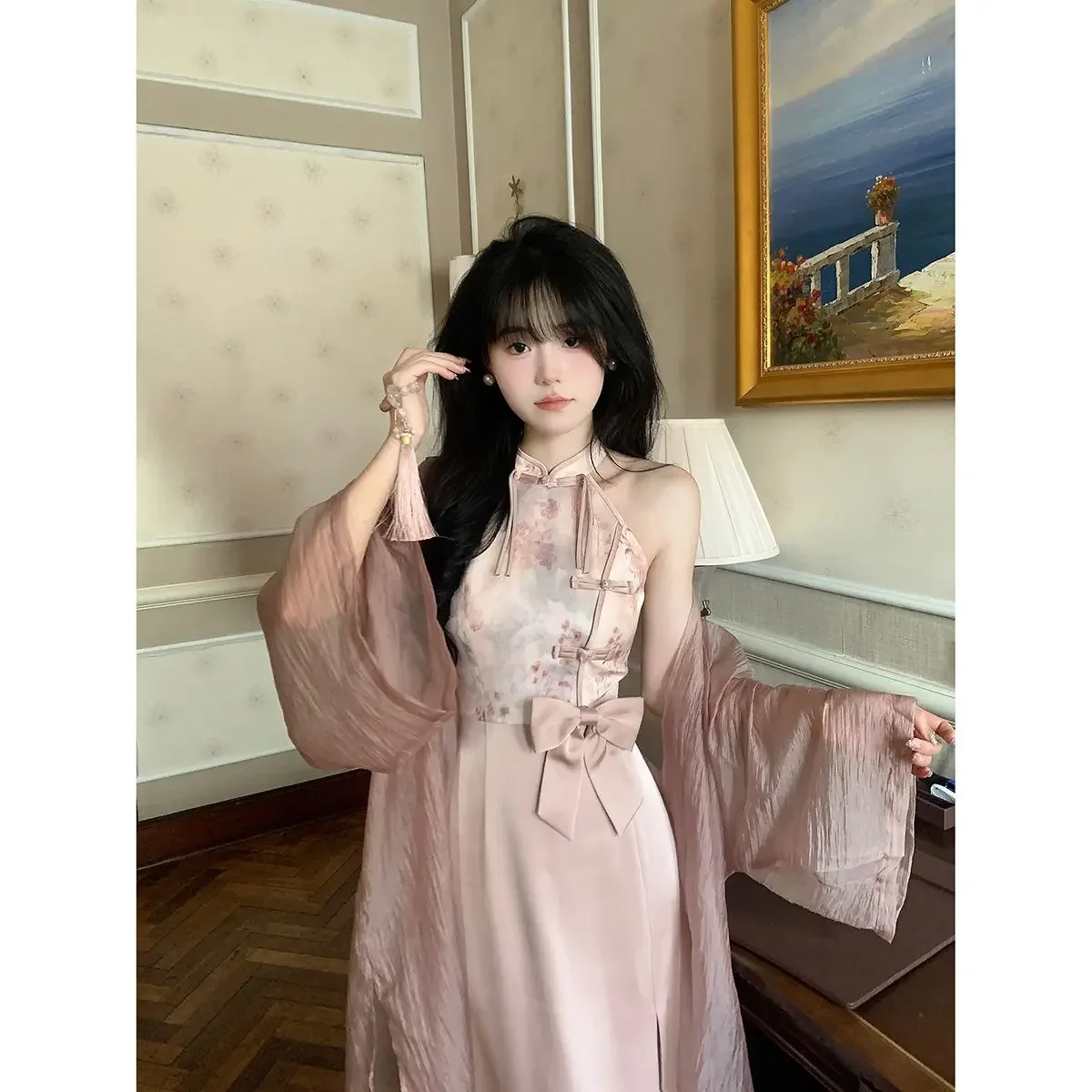 

Modern Women's Neck Hanging Cheongsam Dress Wearing Cardigan Suspender Pink Dress with Bow New Chinese Style Slimming Suit