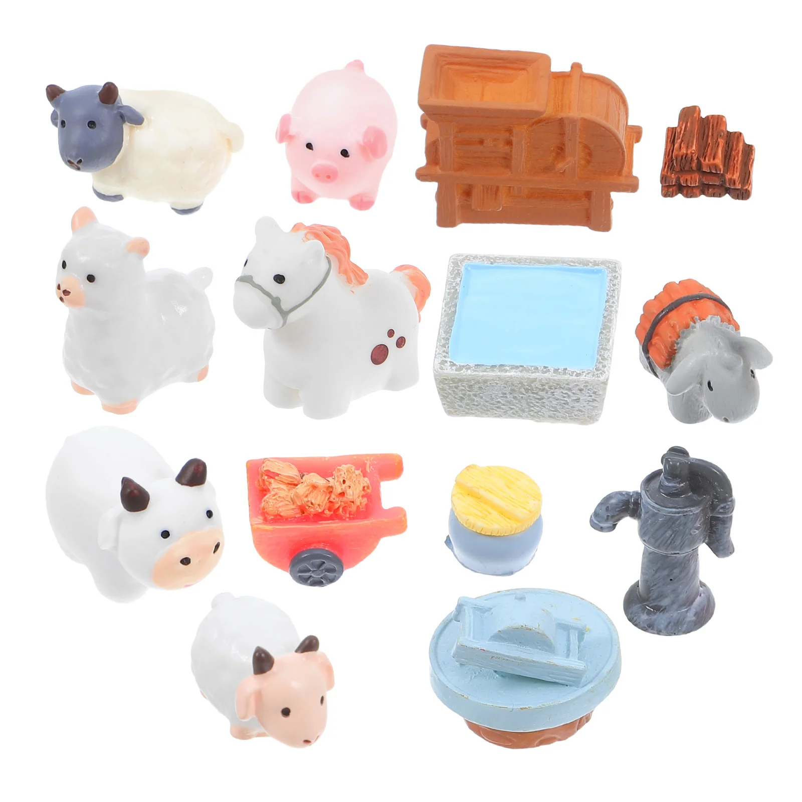 Juego de animales de resina en miniatura para granja, micropaisaje, bricolaje, pequeño, para decoración del hogar y la Oficina, vaca, oveja, caballo, perro, granero, 14 Uds.