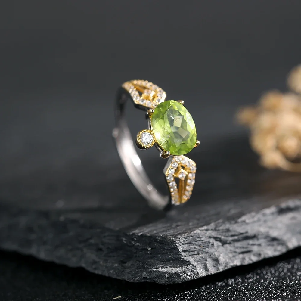 Genuine S925 Silver Ring for Women 8*6mm Natural Gems Peridot Open Bands for Healing Stone Jewelry Daily Wear Birthday Gifts