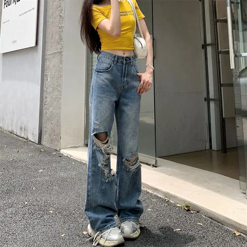 レディーススタイリッシュなワイドレッグサマージーンズフレアボトムスデニムパンツヴィンテージ風のデザインハイウエスト痩身効果パンツ