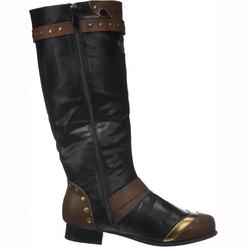 Steampunk Schwarze Leder-Kniehohe Stiefel Vintage Mittelalterliche Taschen Cosplay Piraten-Schuhe Herren Blockabsatz Schnalle Festival-Schuhe – Detail 6