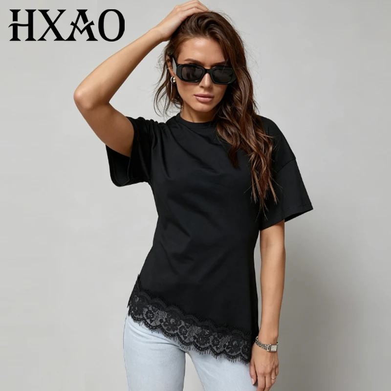 HXAO Asymmetrisches schwarzes Spitzen-Top Damen T-Shirt Sommer 2026 Lässiges O-Neck Kurzarm-T-Shirt Damenmode Strandmode T-Shirts