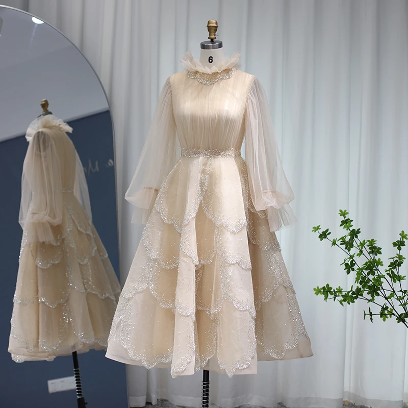 Sharon ha detto abiti da sera musulmani a maniche lunghe Champagne 2022 lusso Dubai in rilievo arabo formale Dreess per le donne festa di nozze