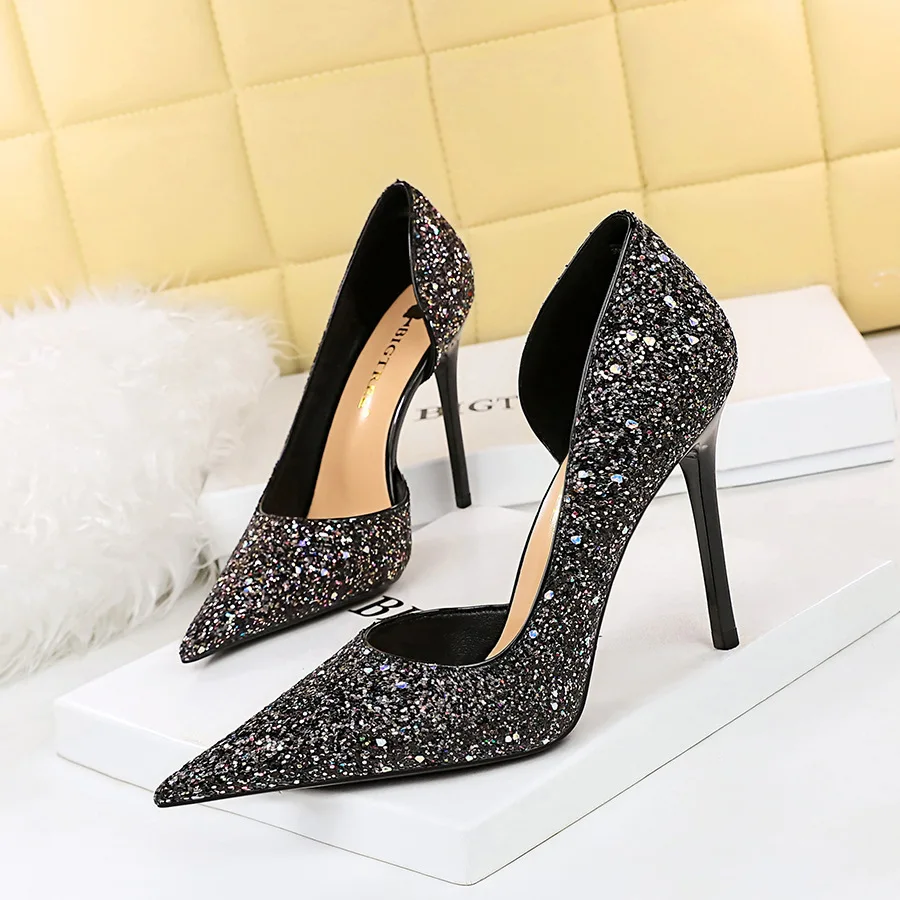 Escarpins à paillettes brillantes pour femmes, talons super hauts minces, échancré peu profond, coupe latérale pointue, chaussures de banquet sexy pour dames