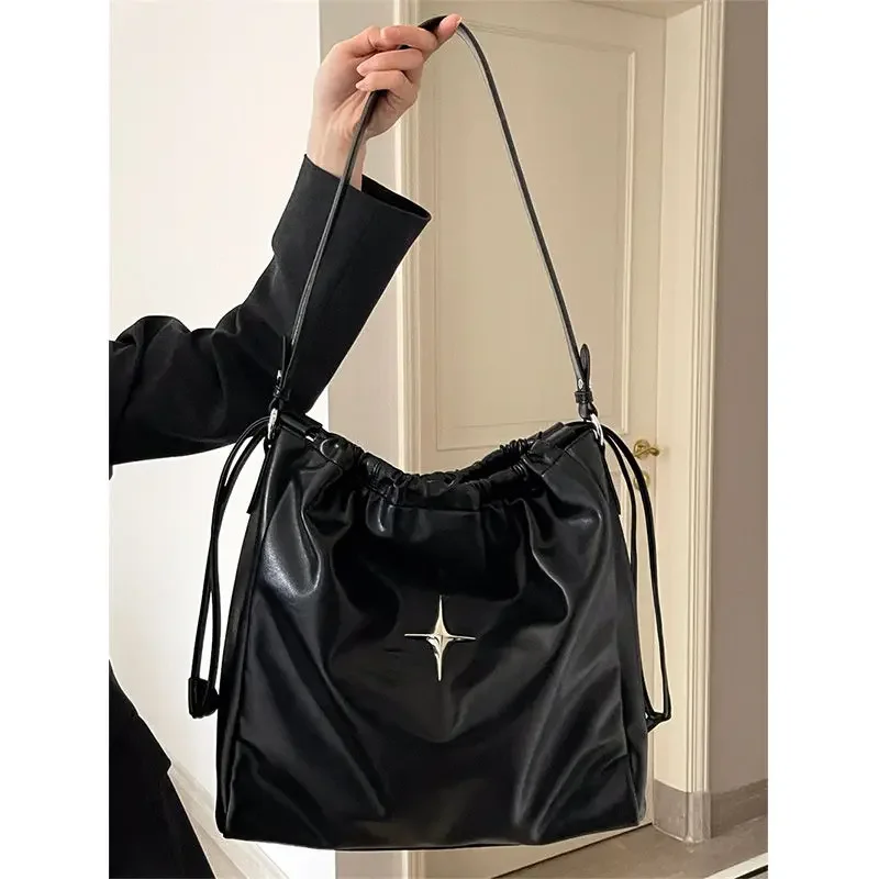 Large Capacity Women\'s Drawstring Shoulder Bag Soft Pu Leather Ladies Star Casual Tote Bags Solid Color Female Girls Handbags