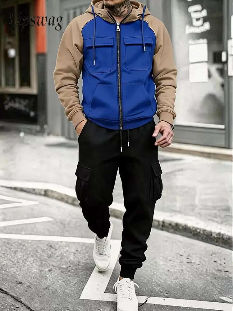 Daily Casual Hooded Outfit Fashion Contrast Color Cargo Pocket Tops And Trousers Two Piece Set Autumn Winter Street Wear Mens