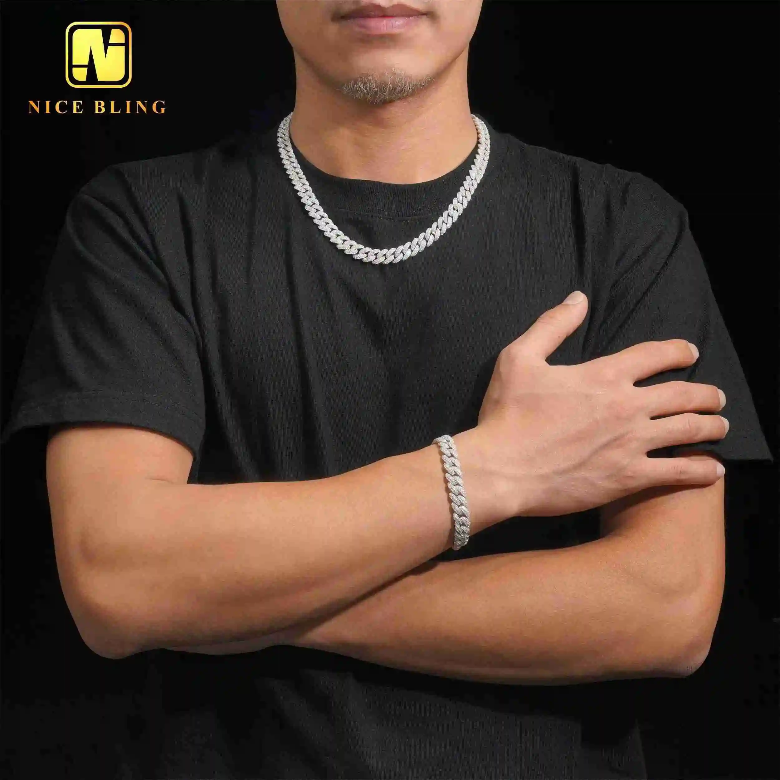 

Iced Out Miami Cuban Link Chains Fashion Hip Hop Jewelry 925 Silver Men 10mm Moissanite Cuban Necklaces Bracelets