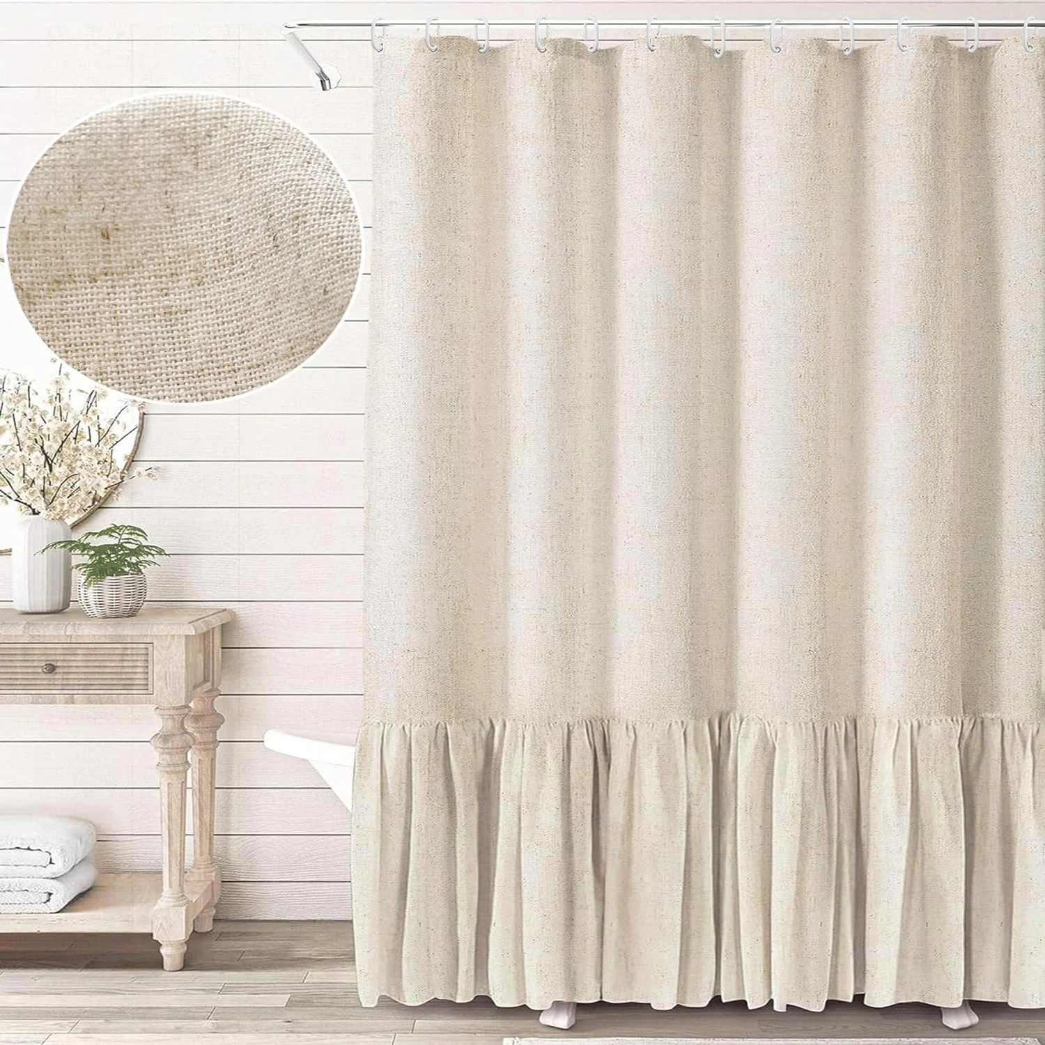 1PC Ruffle Shower Curtain for Bathroom, Farmhouse Bohemian, Natural Linen Machine Washable with 12 Hooks, 72\