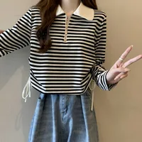 Women's Autumn Polo Shirt 2026 Striped Long Sleeve Drawstring Teddy Bear Collar Slimming T-Shirt - Image 5