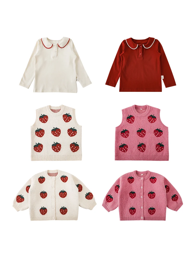 Girls\' Autumn Set Children\'s Lapel Shirt Little Strawberry Embroidery Sweater Cardigan Waistcoat