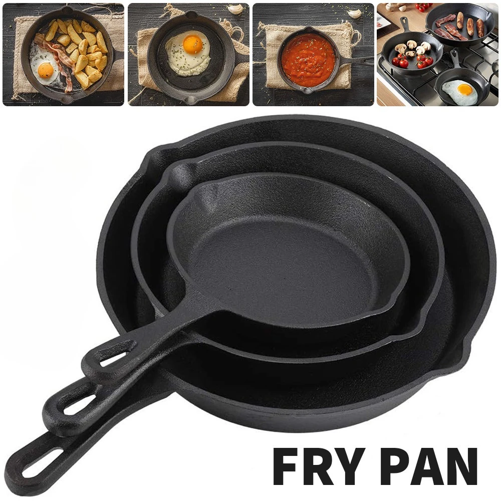 Set of 3 Cast Iron Non Stick Skillet Griddle Cooking Pan Pre-Seasoned Frying Pan