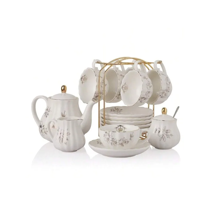 

Porcelain Tea Sets British Royal Series, 8 OZ Cupsand Saucer Service For 6, With Teapot Sugar Bowl Cream Pitcher Teaspoons And