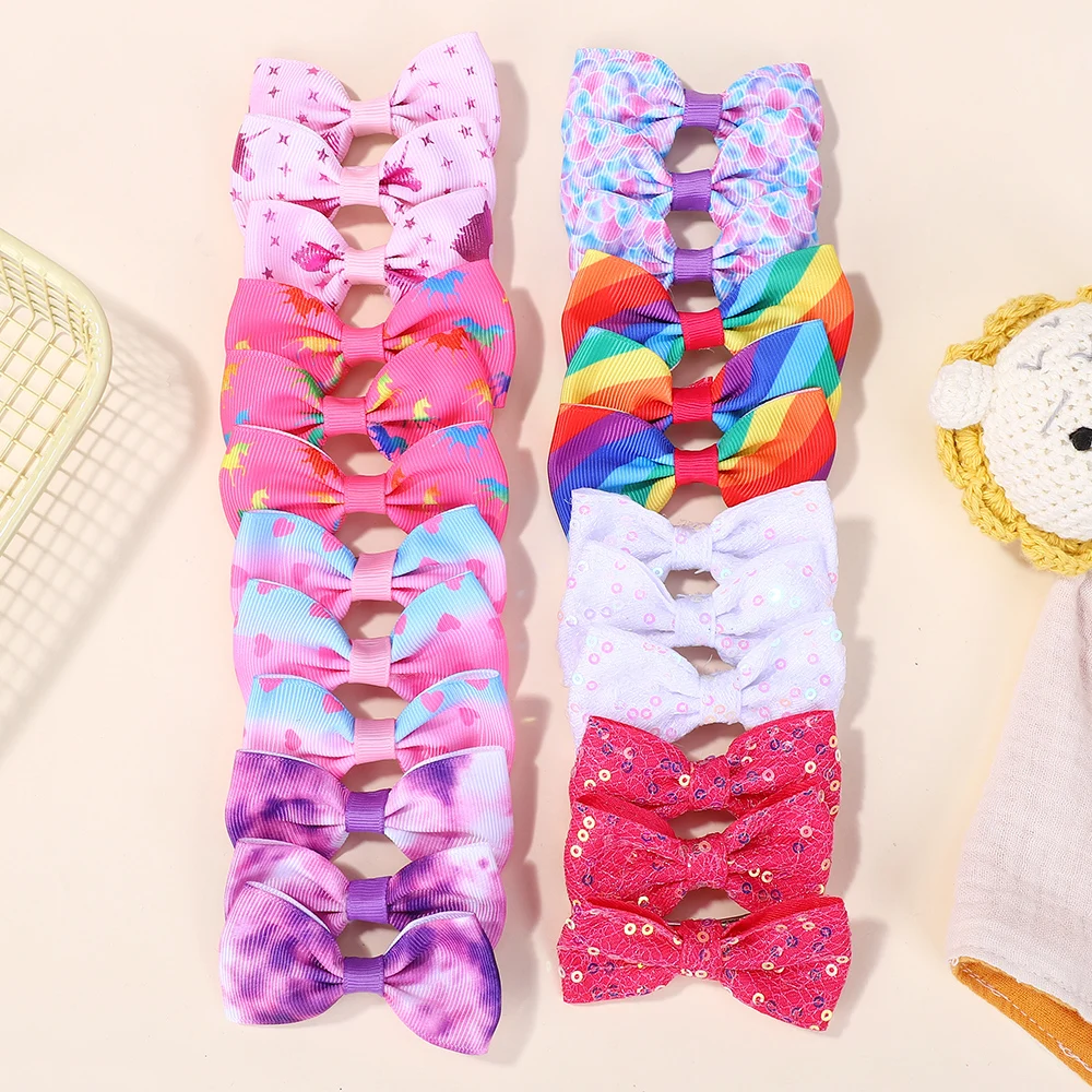 40 Uds. De pinzas para el pelo con lazo con estampado aleatorio para bebé, pasadores de horquillas con estampado de arcoíris, accesorios para el cabello para niñas y niños