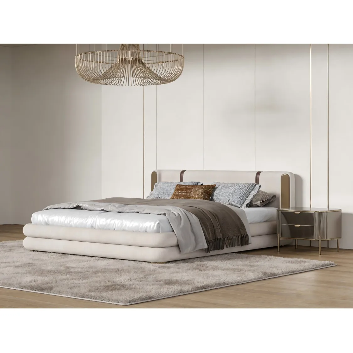 -ee Chesterfield Style Modern Modular Extendable king Size Bed Tufted Backrest Fabric Genuine Leather Strap Details High Density