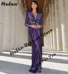 Long Sleeves Pleated Prom Dresses Pearls Glossy Satin V-neck Elegant Women Evening Dresses 2024 Celebrity Formal Party Gown